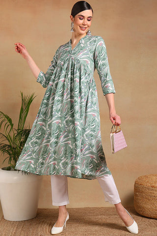 Green Viscose Rayon Floral Print A Line Kurta