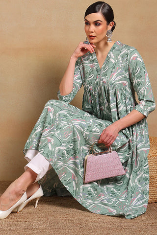 Green Viscose Rayon Floral Print A Line Kurta