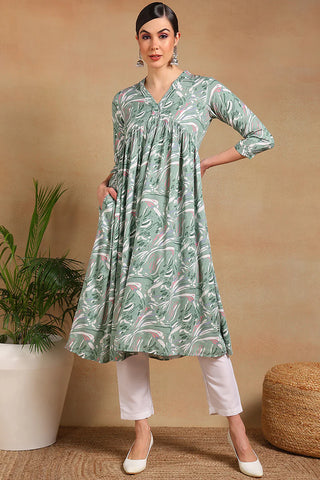 Green Viscose Rayon Floral Print A Line Kurta