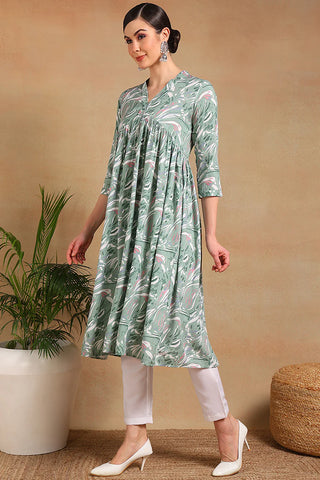 Green Viscose Rayon Floral Print A Line Kurta