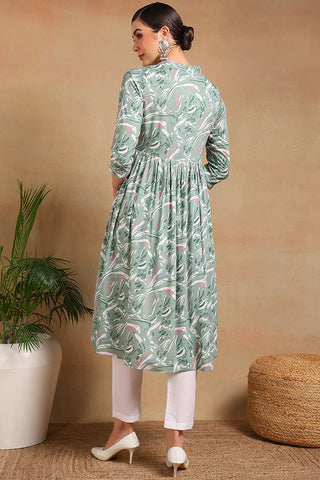 Green Viscose Rayon Floral Print A Line Kurta