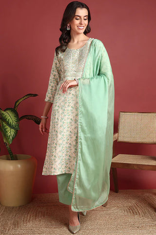 Green Viscose Rayon Printed & Embroidered Straight Shape Suit Set with Dupatta