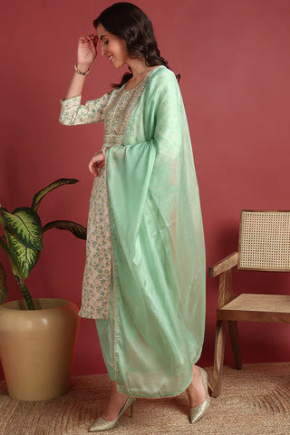 Green Viscose Rayon Printed & Embroidered Straight Shape Suit Set with Dupatta