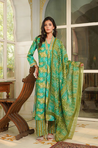 Green Rayon Blend Floral Print & Embroidered Straight Shape Suit Set with Dupatta