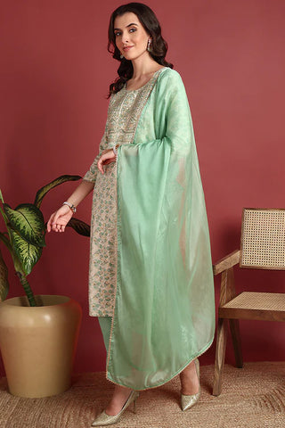 Green Viscose Rayon Printed & Embroidered Straight Shape Suit Set with Dupatta