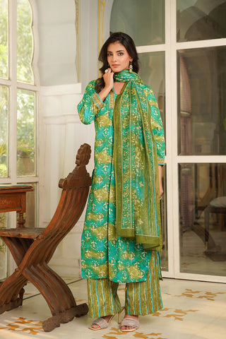 Green Rayon Blend Floral Print & Embroidered Straight Shape Suit Set with Dupatta
