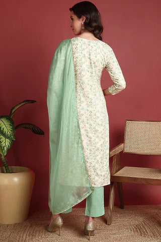 Green Viscose Rayon Printed & Embroidered Straight Shape Suit Set with Dupatta