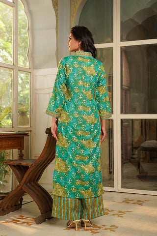 Green Rayon Blend Floral Print & Embroidered Straight Shape Suit Set with Dupatta