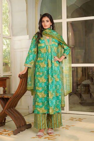 Green Rayon Blend Floral Print & Embroidered Straight Shape Suit Set with Dupatta