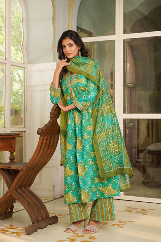 Green Rayon Blend Floral Print & Embroidered Straight Shape Suit Set with Dupatta