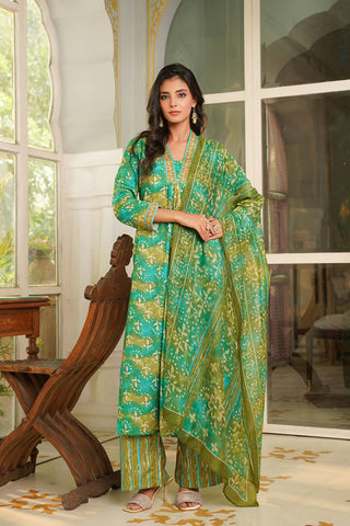 Green Rayon Blend Floral Print & Embroidered Straight Shape Suit Set with Dupatta