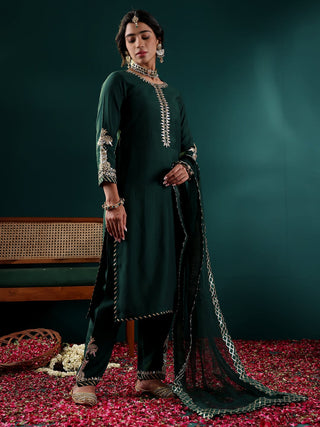 Green Silk Blend Yoke Embroidered Suit Set with Net Dupatta