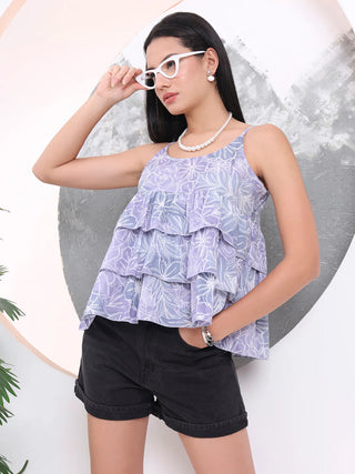 Grey Cotton 3 Layer Printed Sleeveless Top