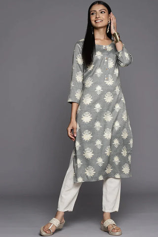 Grey & Cream Cotton Silk Ethnic Motif Print Straight Cut Kurta