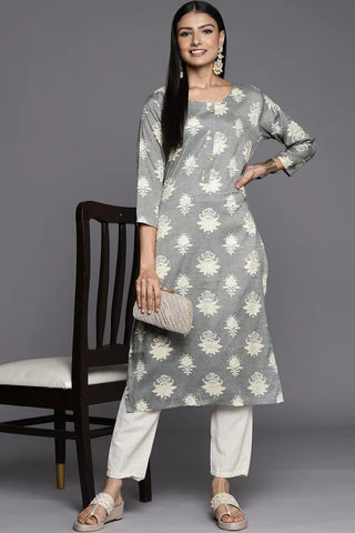 Grey & Cream Cotton Silk Ethnic Motif Print Straight Cut Kurta