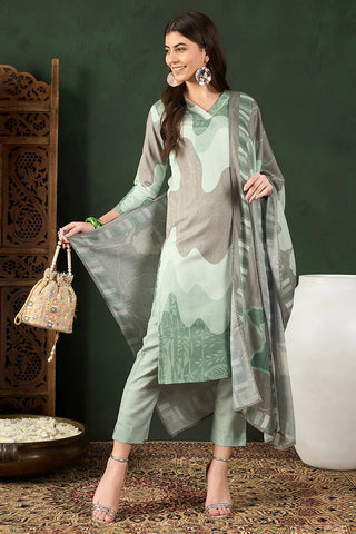 Green Rayon Blend Abstract Print Straight Shape Suit Set with Dupatta