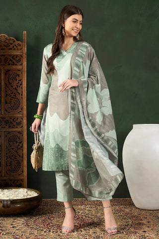 Green Rayon Blend Abstract Print Straight Shape Suit Set with Dupatta