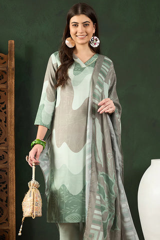 Green Rayon Blend Abstract Print Straight Shape Suit Set with Dupatta