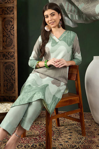 Green Rayon Blend Abstract Print Straight Shape Suit Set with Dupatta