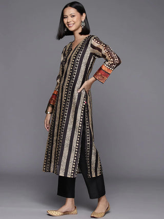 Black And Grey Chanderi Cotton Printed Suit Set With Silk Blend Dupatta
