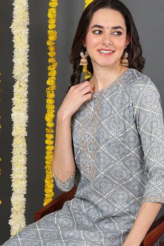 Grey Cotton Blend Bandhani Print Straight Shape Kurta