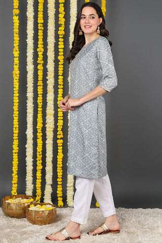 Grey Cotton Blend Bandhani Print Straight Shape Kurta