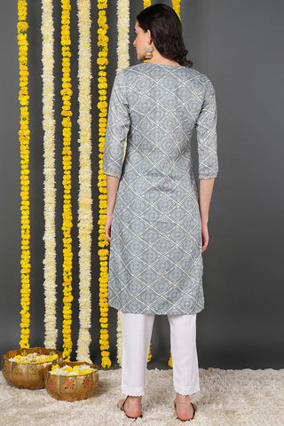 Grey Cotton Blend Bandhani Print Straight Shape Kurta