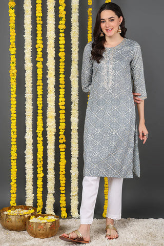 Grey Cotton Blend Bandhani Print Straight Shape Kurta