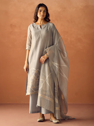 Grey Cotton Blend Jacquard Woven Suit Set with Organza Dupatta
