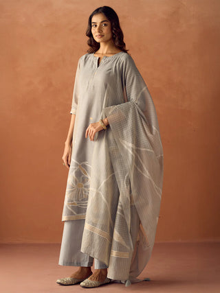 Grey Cotton Blend Jacquard Woven Suit Set with Organza Dupatta