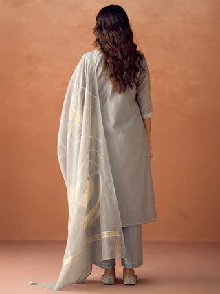Grey Cotton Blend Jacquard Woven Suit Set with Organza Dupatta