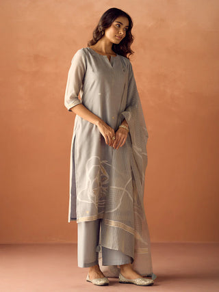 Grey Cotton Blend Jacquard Woven Suit Set with Organza Dupatta