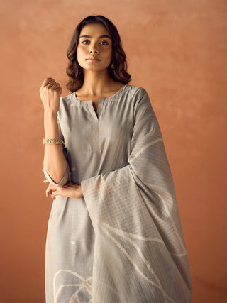 Grey Cotton Blend Jacquard Woven Suit Set with Organza Dupatta