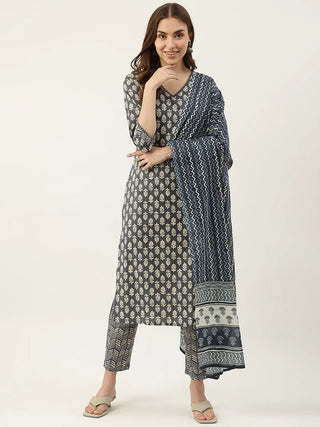 Grey Cotton Printed Suit Set with Dupatta