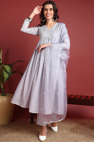 Grey Cotton Blend Embroidered A Line Suit Set with Dupatta