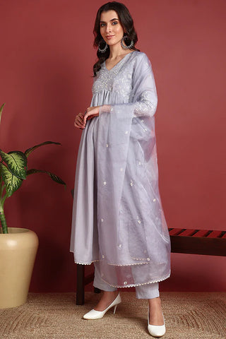 Grey Cotton Blend Embroidered A Line Suit Set with Dupatta