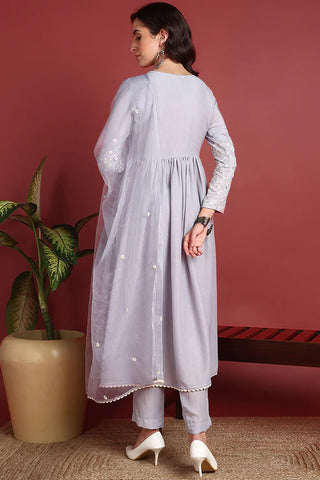 Grey Cotton Blend Embroidered A Line Suit Set with Dupatta