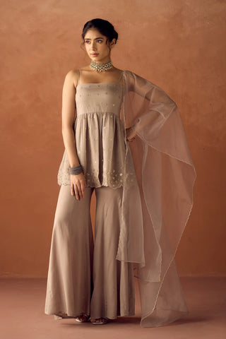 Grey Organza Hand Work A-Line Suit Set with Dupatta