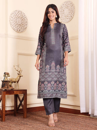 Grey Wool Blend Ethnic Print Suit Set with Wool Dupatta