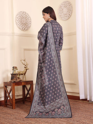 Grey Wool Blend Ethnic Print Suit Set with Wool Dupatta