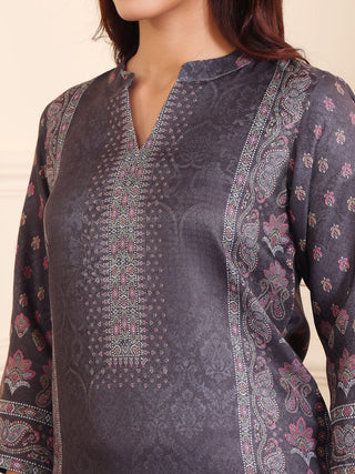 Grey Wool Blend Ethnic Print Suit Set with Wool Dupatta