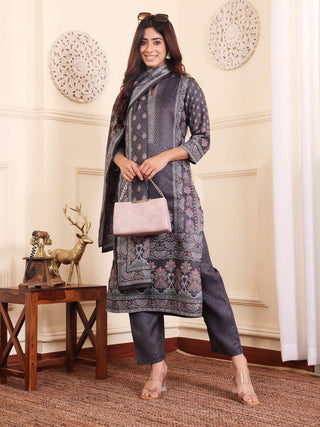 Grey Wool Blend Ethnic Print Suit Set with Wool Dupatta