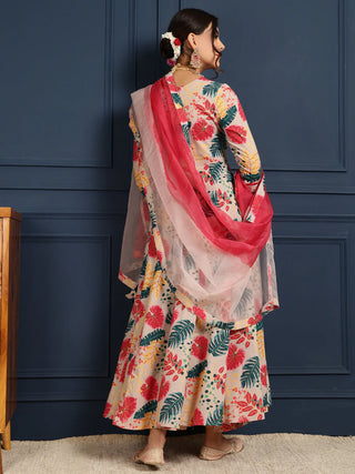 Grey & Pink Pure Cotton Floral Print Anarkali Shape Suit Set with Dupatta