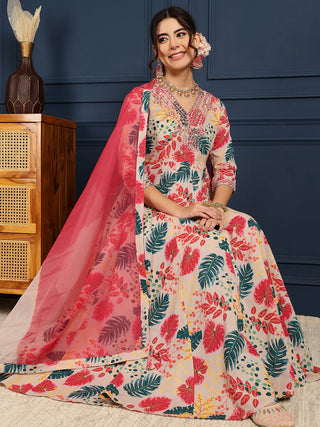 Grey & Pink Pure Cotton Floral Print Anarkali Shape Suit Set with Dupatta