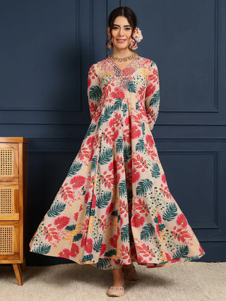 Grey & Pink Pure Cotton Floral Print Anarkali Shape Suit Set with Dupatta