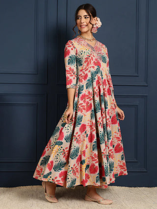 Grey & Pink Pure Cotton Floral Print Anarkali Shape Suit Set with Dupatta