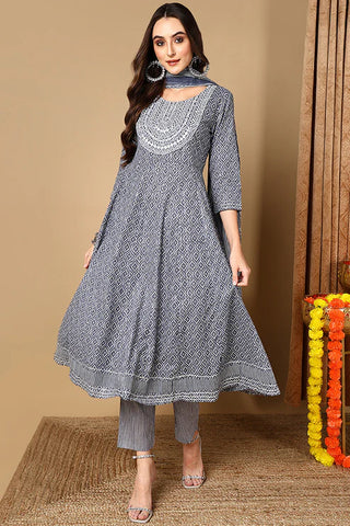 Grey Rayon Blend Geometric Print A Line Suit Set with Dupatta