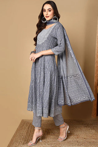 Grey Rayon Blend Geometric Print A Line Suit Set with Dupatta