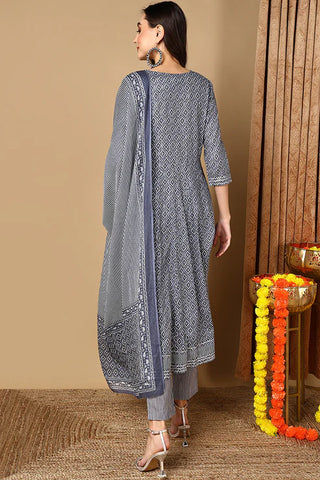 Grey Rayon Blend Geometric Print A Line Suit Set with Dupatta