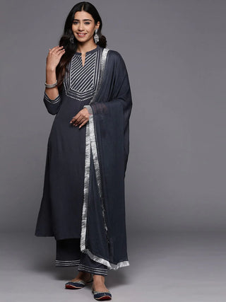 Grey Cotton Blend Gota Embroidered Straight Shape Suit Set with Silk Chiffon Dupatta